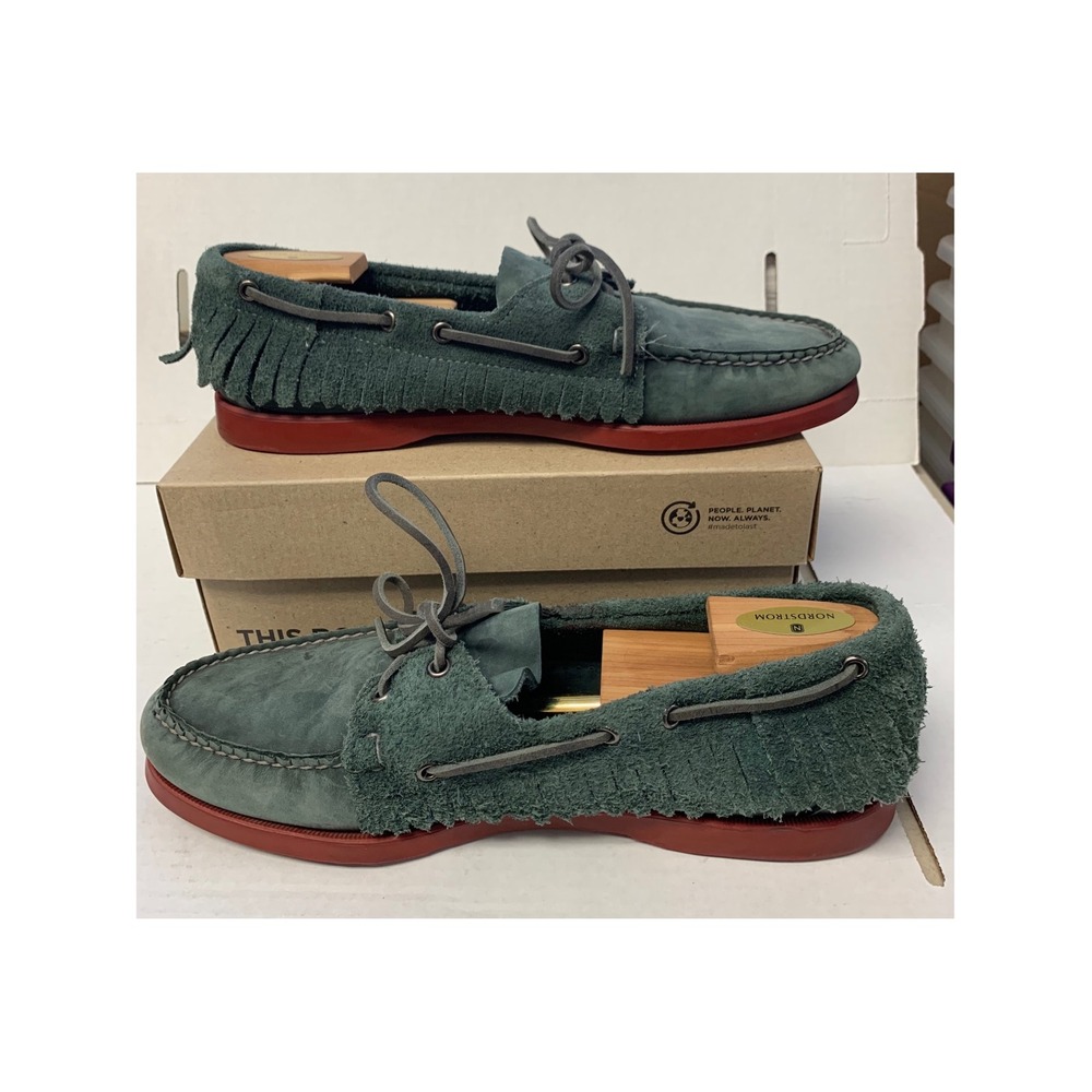 Ronnie Fieg x Sebago Docksides Green Suede Fringed Boat Shoes Brick Red Sole